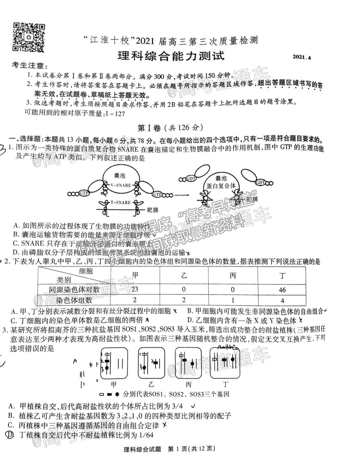 江淮十校2021屆高三第三次質(zhì)量檢測理綜試卷及答案