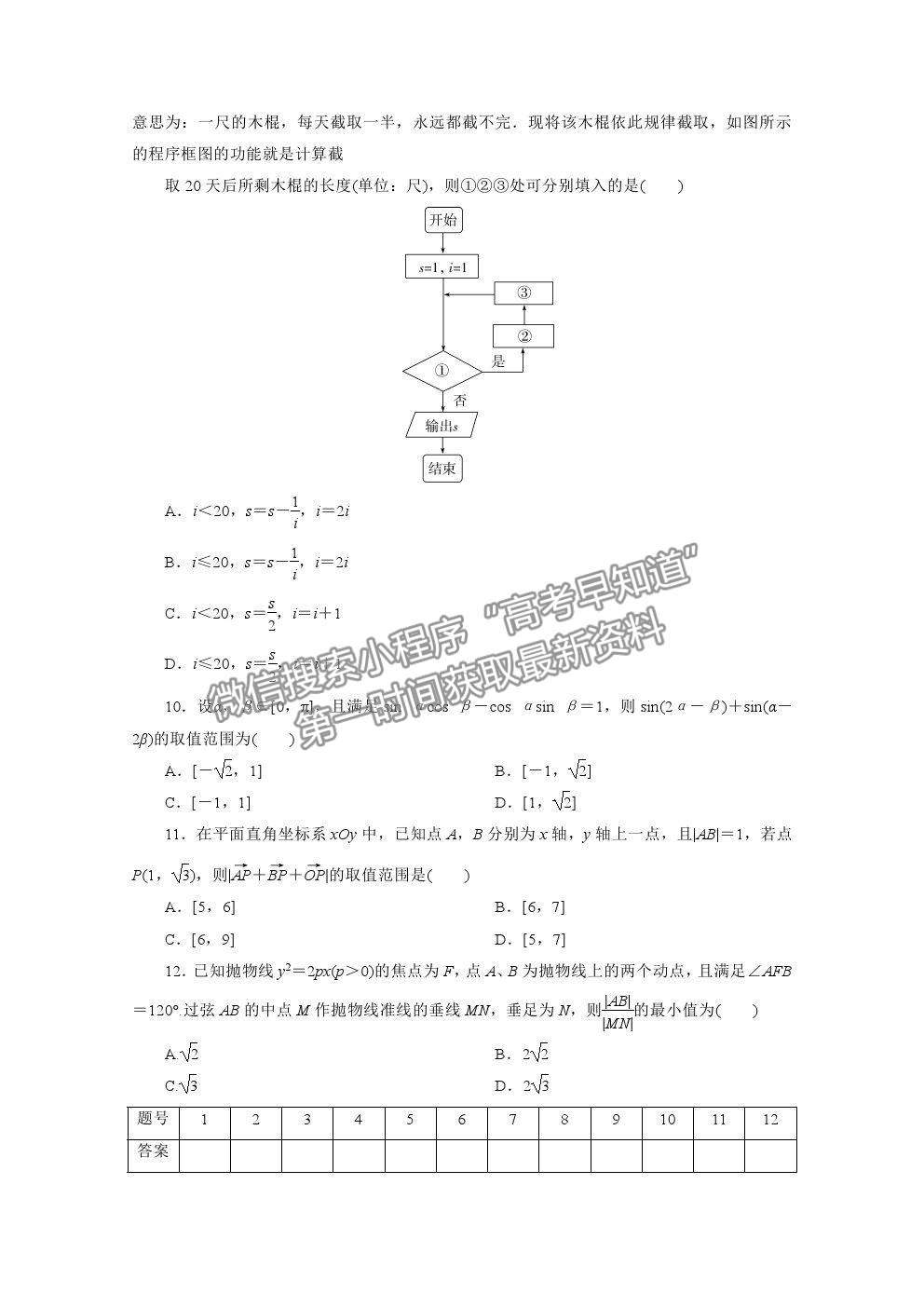 2021屆高考數(shù)學(xué)文（全國(guó)統(tǒng)考版）二輪驗(yàn)收仿真模擬卷（九）及參考答案