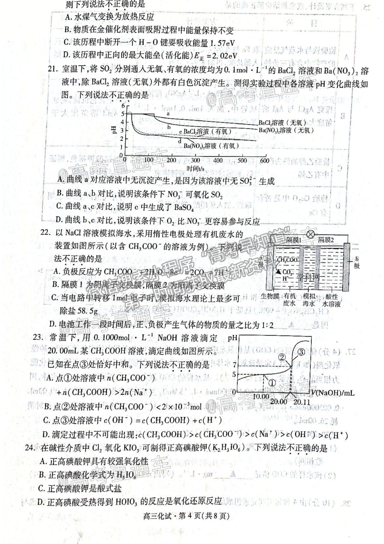 2021 浙江杭州高三下學(xué)期教學(xué)質(zhì)量檢測(cè)（二模）化學(xué)試題及參考答案