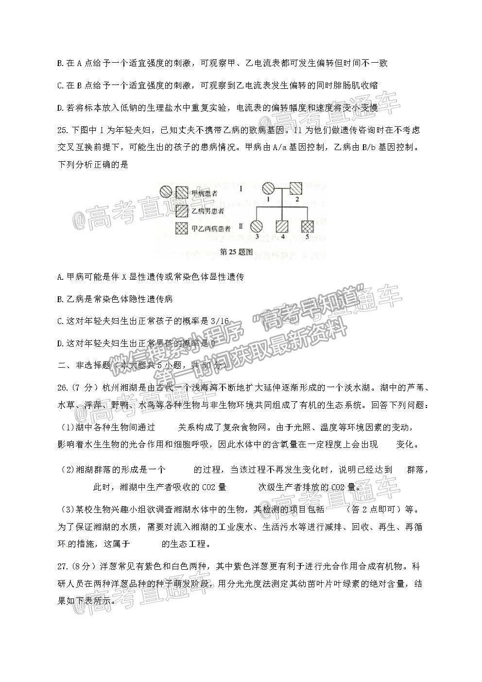 2021 浙江杭州高三下學(xué)期教學(xué)質(zhì)量檢測(cè)（二模）生物試題及參考答案