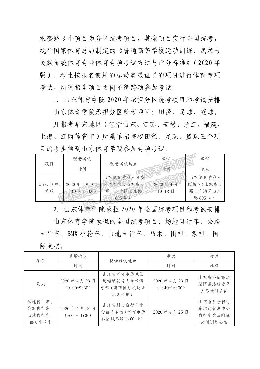 山东体育学院2020年运动训练专业、武术与民族传统体育专业招生简章