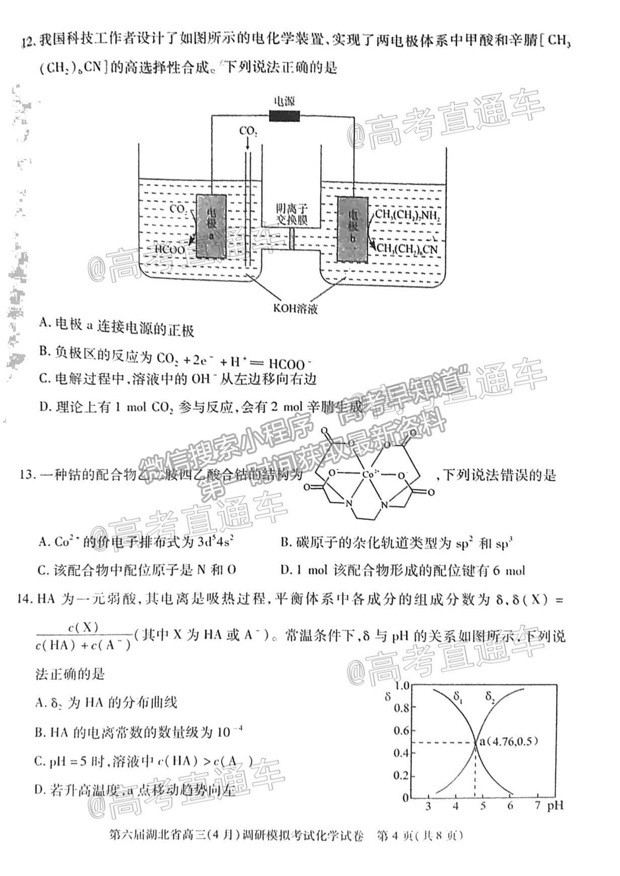 2021武漢四調(diào)化學(xué)試題及參考答案