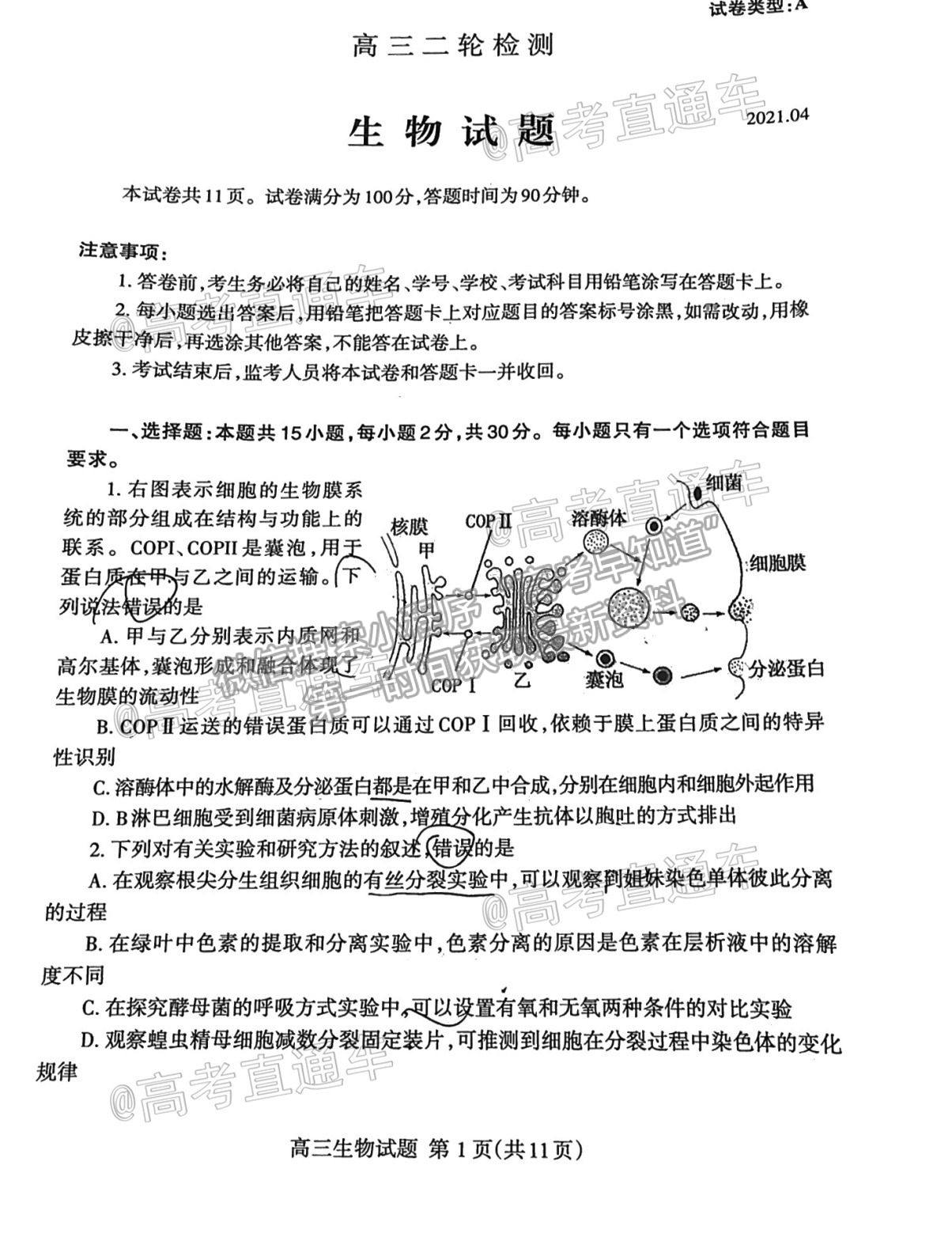 2021泰安二模生物試題及參考答案