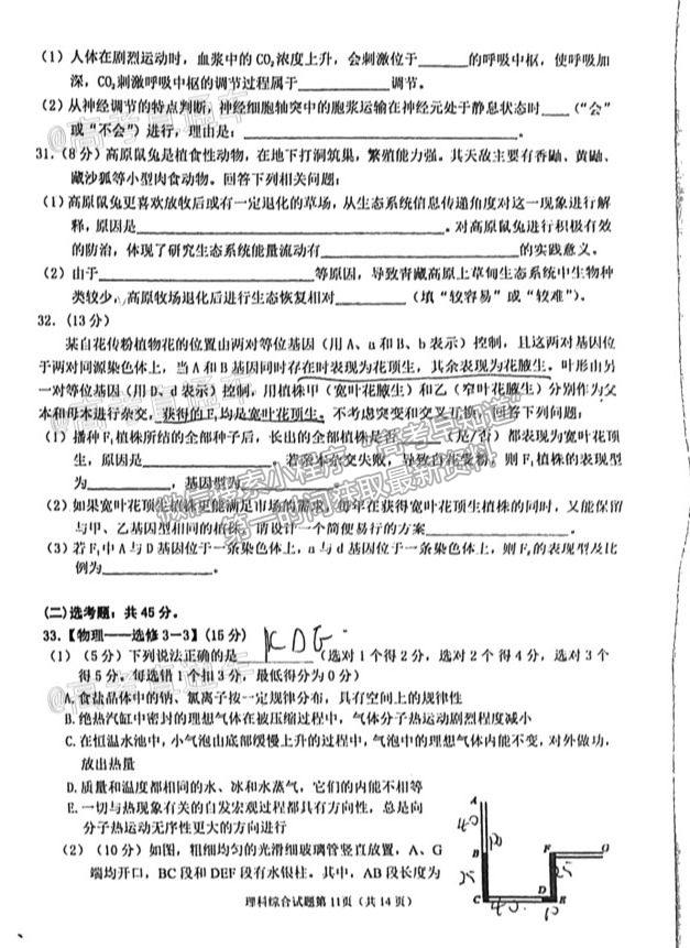 2021淮南市高三第二次模擬考試?yán)砭C試卷及答案