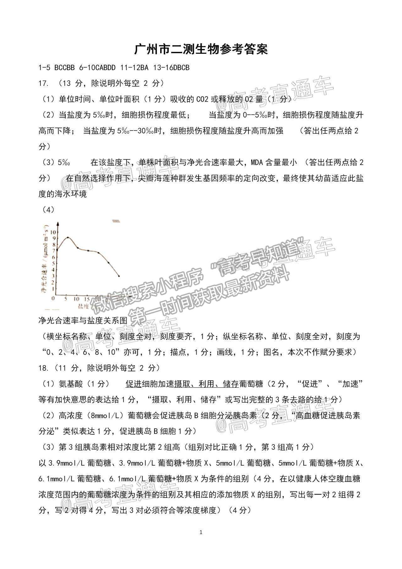 2021廣州二模生物試題及參考答案