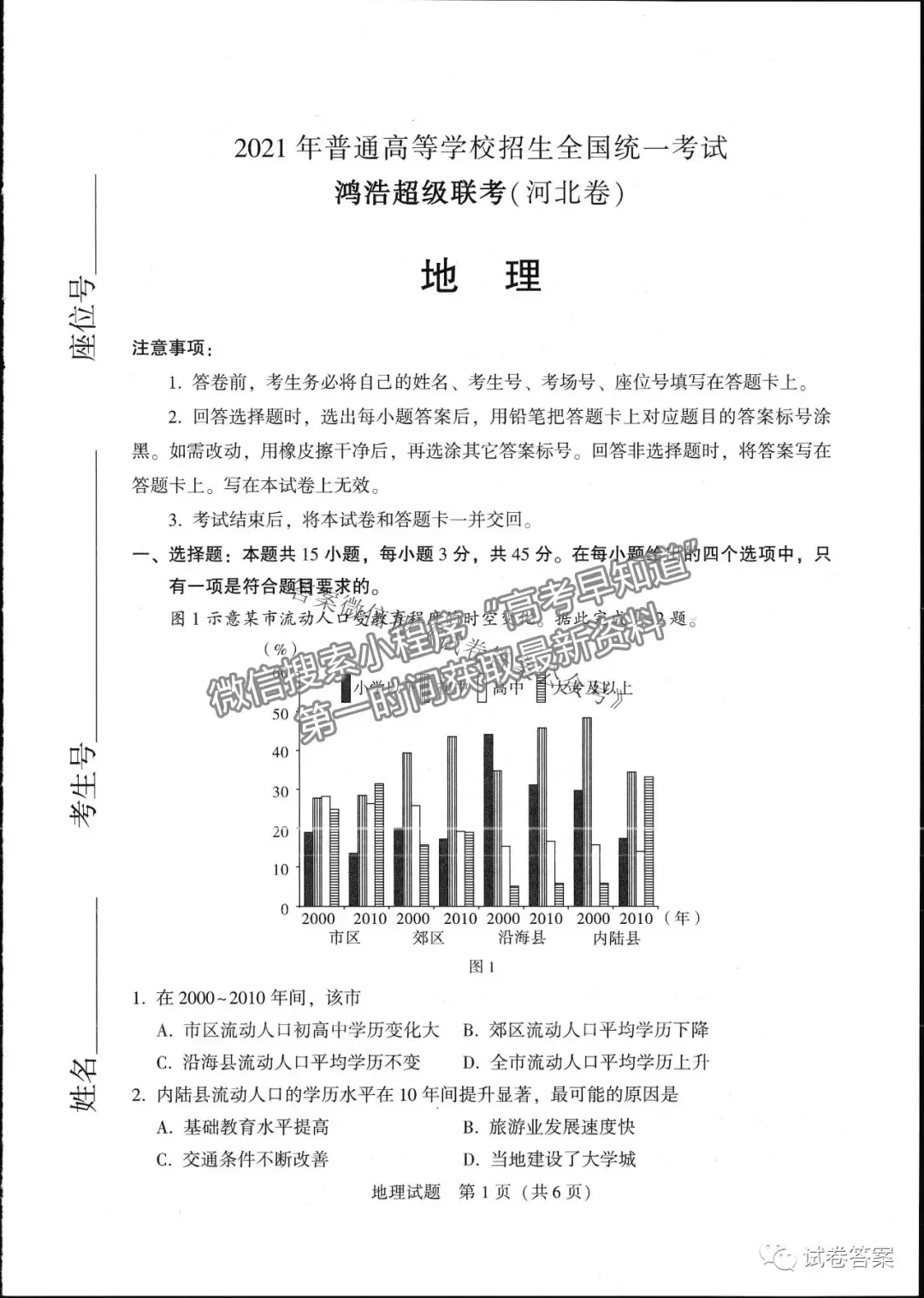 2021鴻浩超級(jí)聯(lián)考地理試題及參考答案