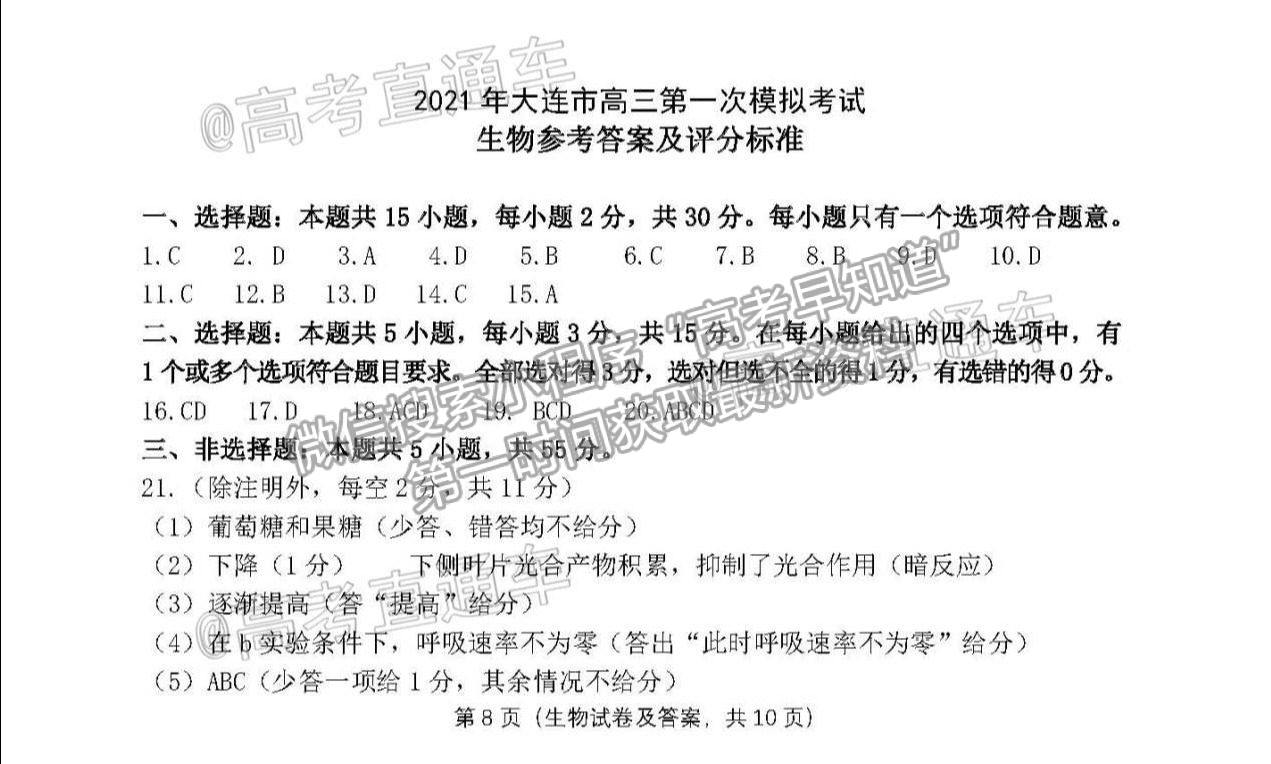 2021遼寧大連市一模生物試題及參考答案