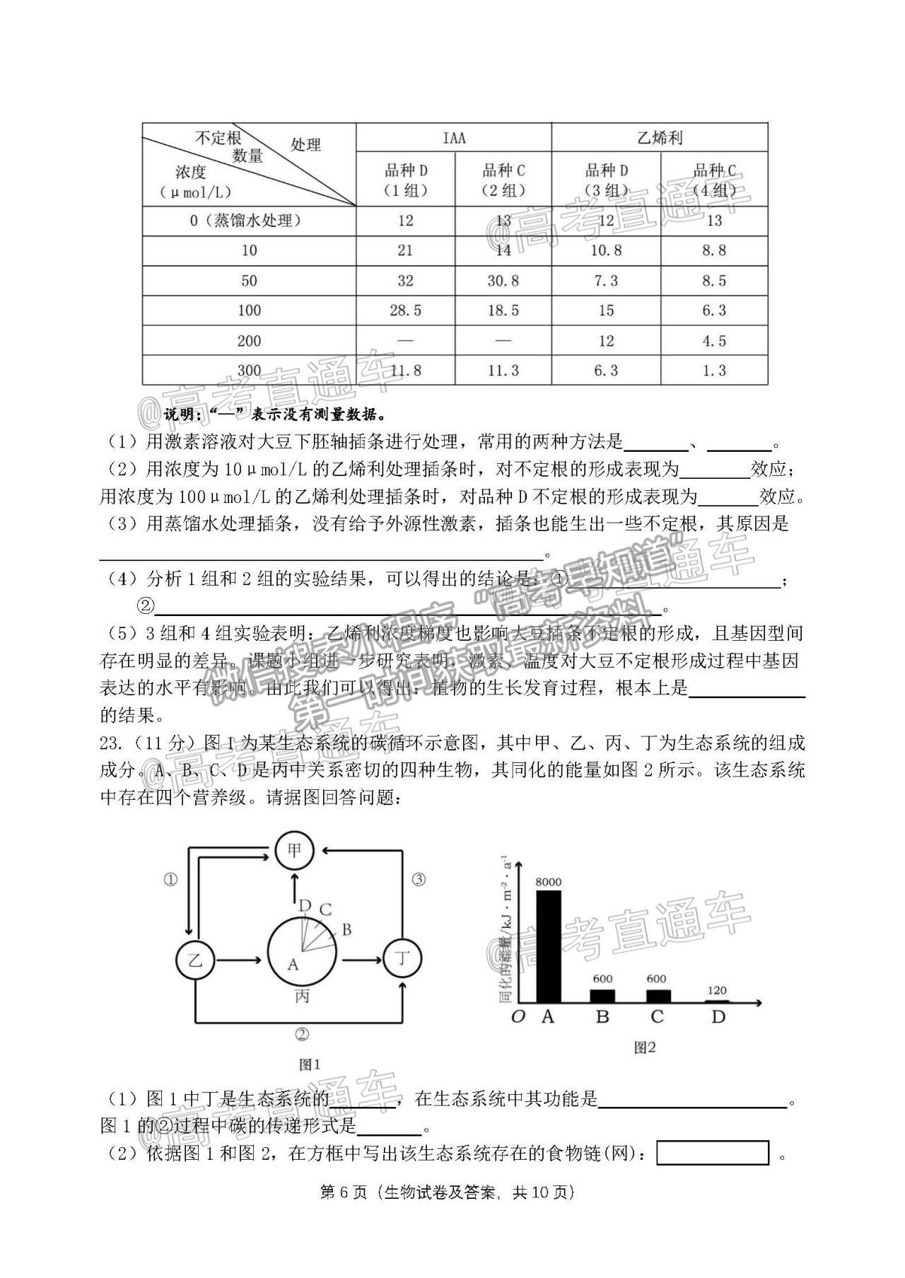 2021遼寧大連市一模生物試題及參考答案