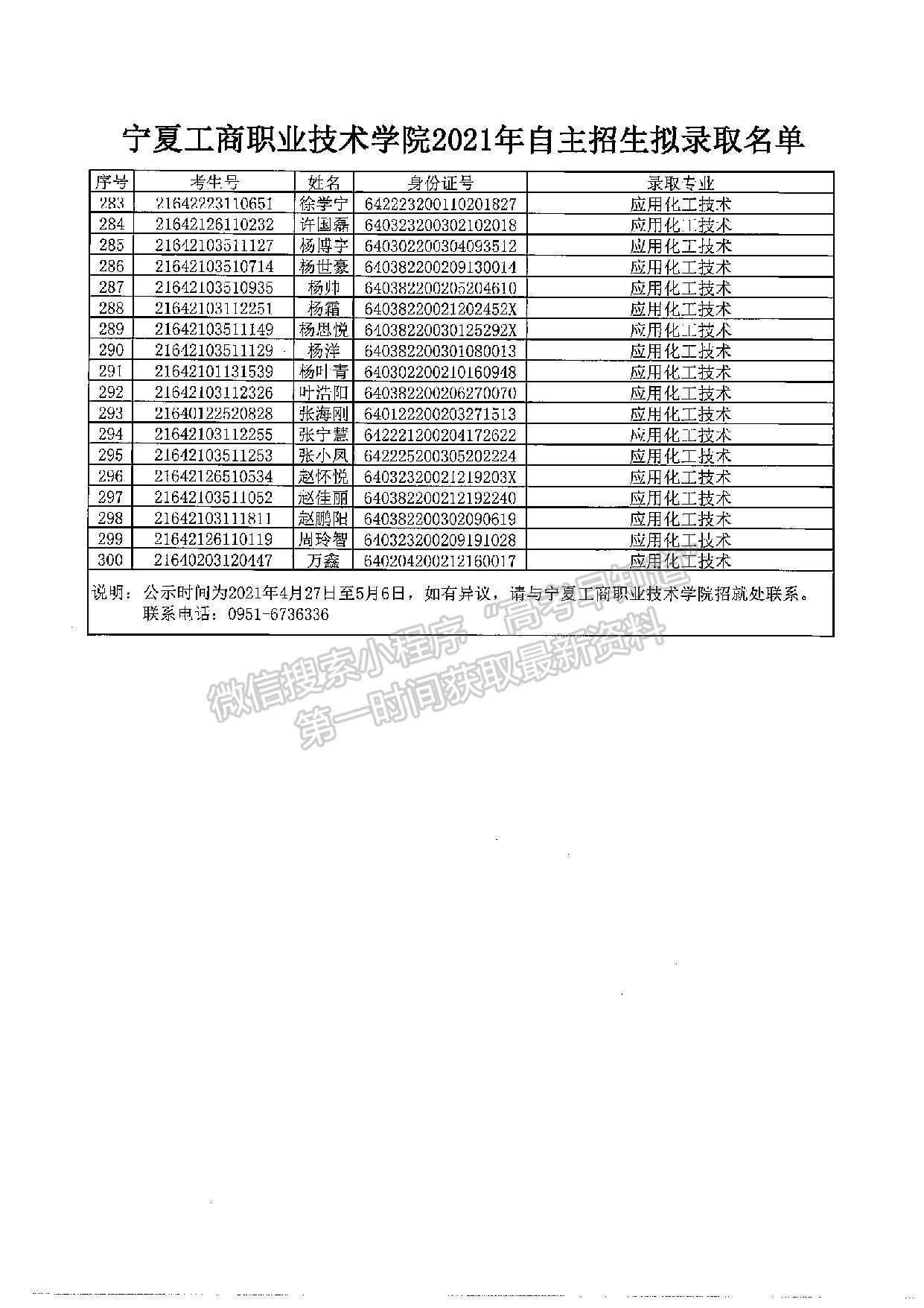 宁夏工商职业技术学院2021年自招生拟录取名单公示
