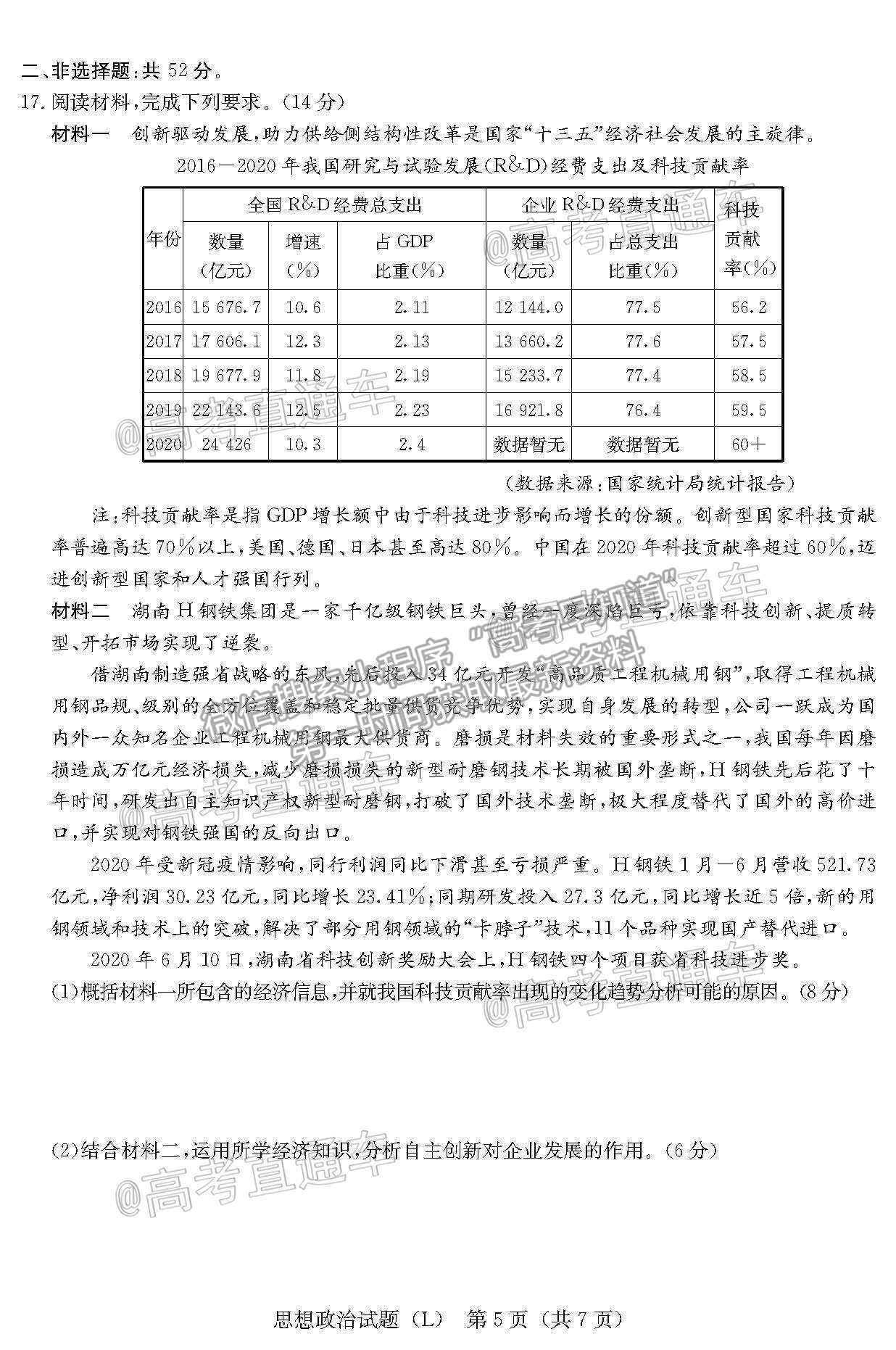 2021湖南六校高三4月聯(lián)考政治試題及參考答案