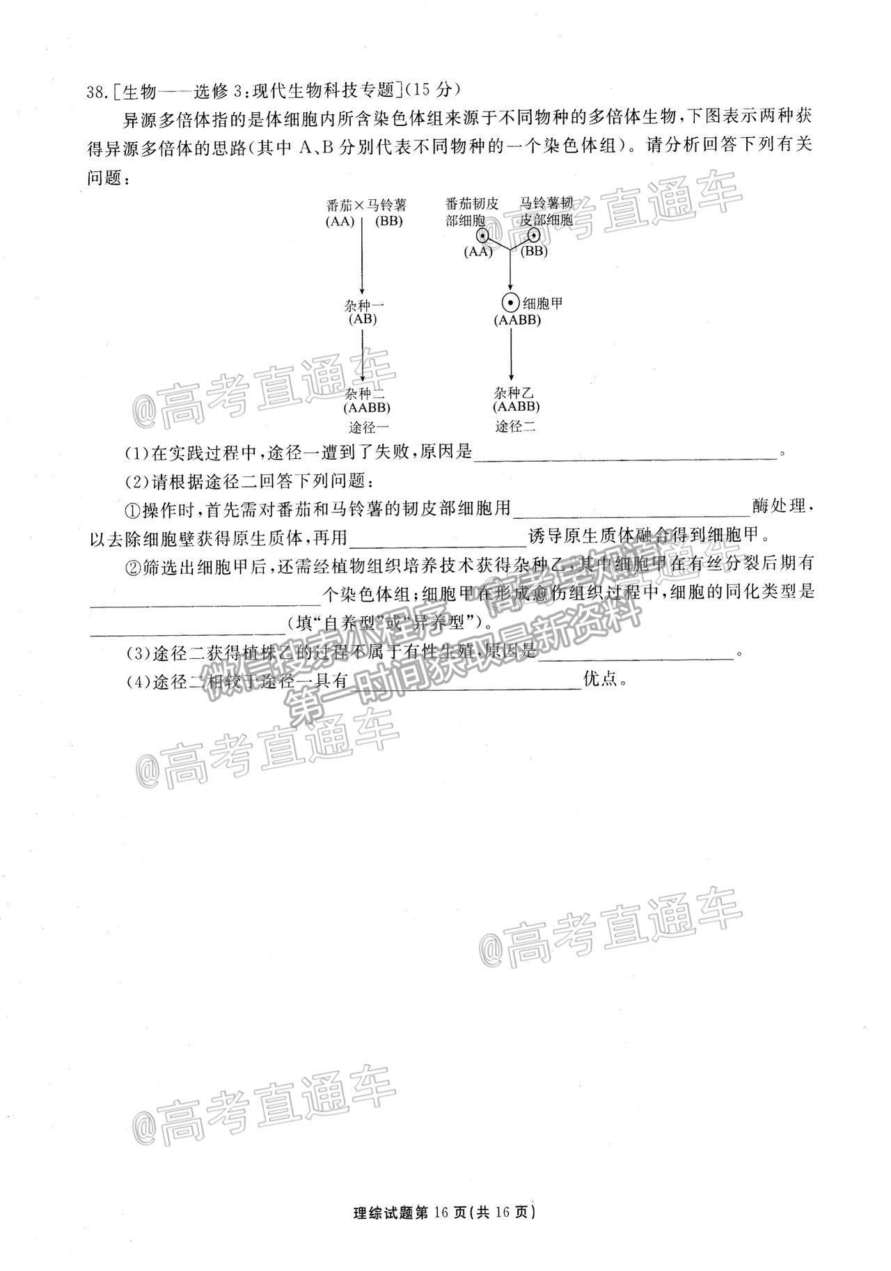 2021西藏拉薩高考二模理綜試題及參考答案