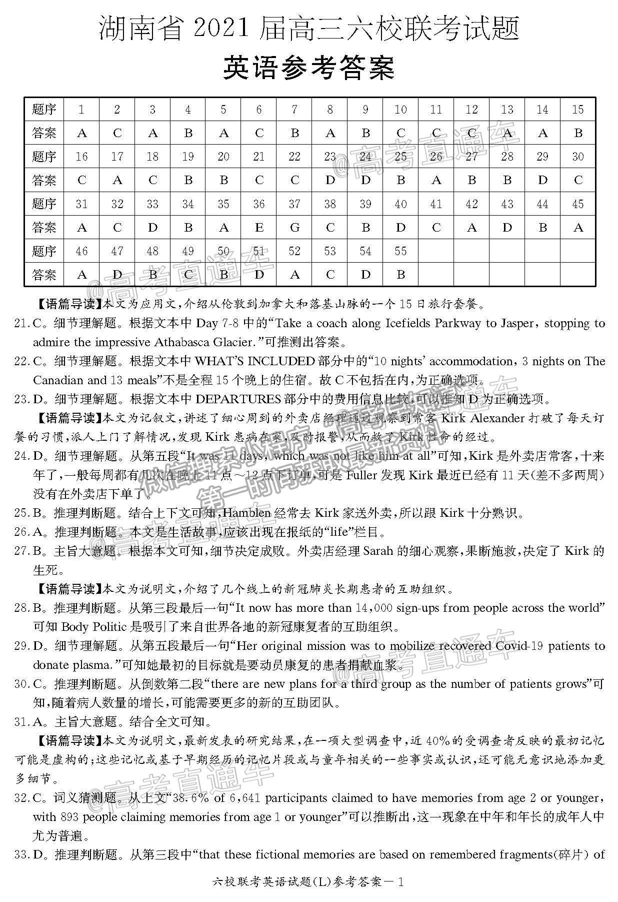 2021湖南六校高三4月聯(lián)考英語試題及參考答案