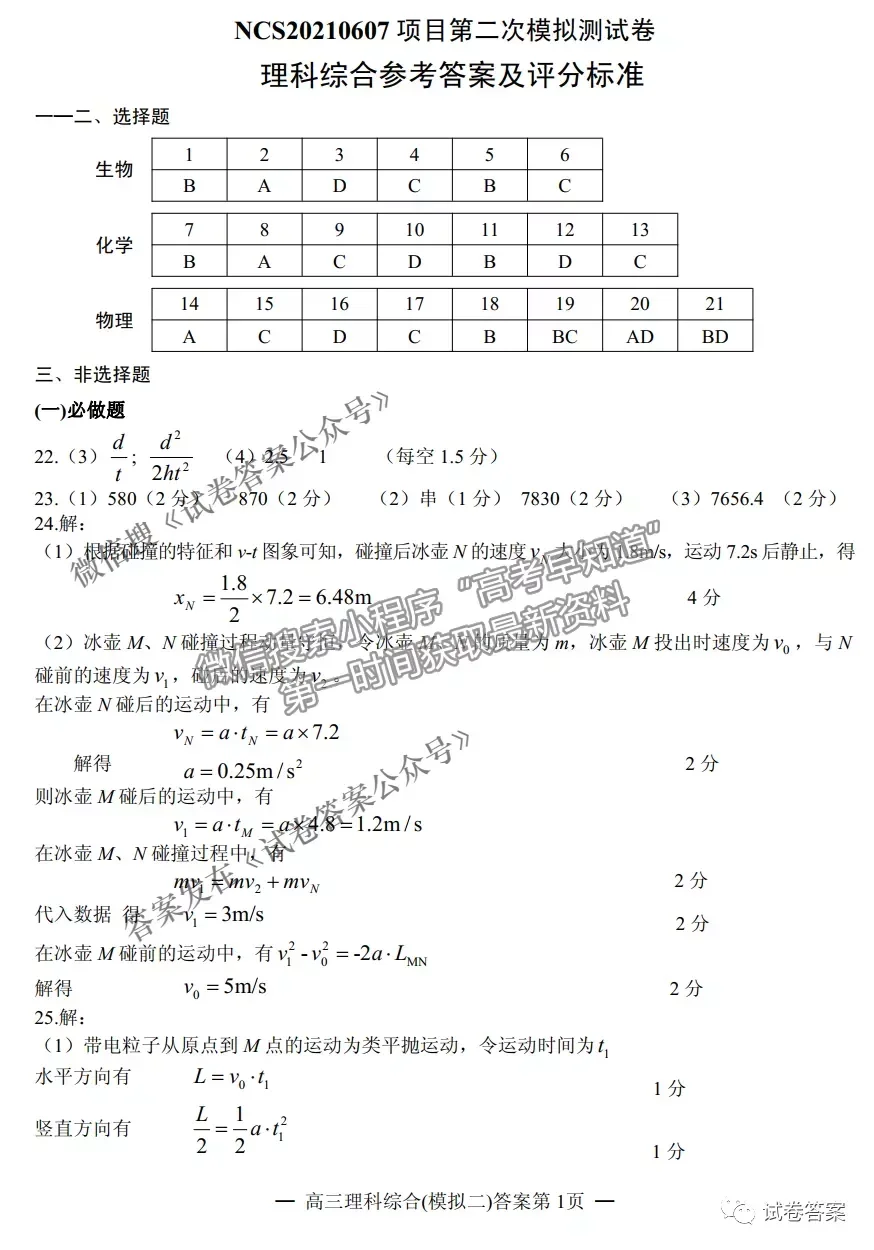 2021南昌二模理綜試題及參考答案