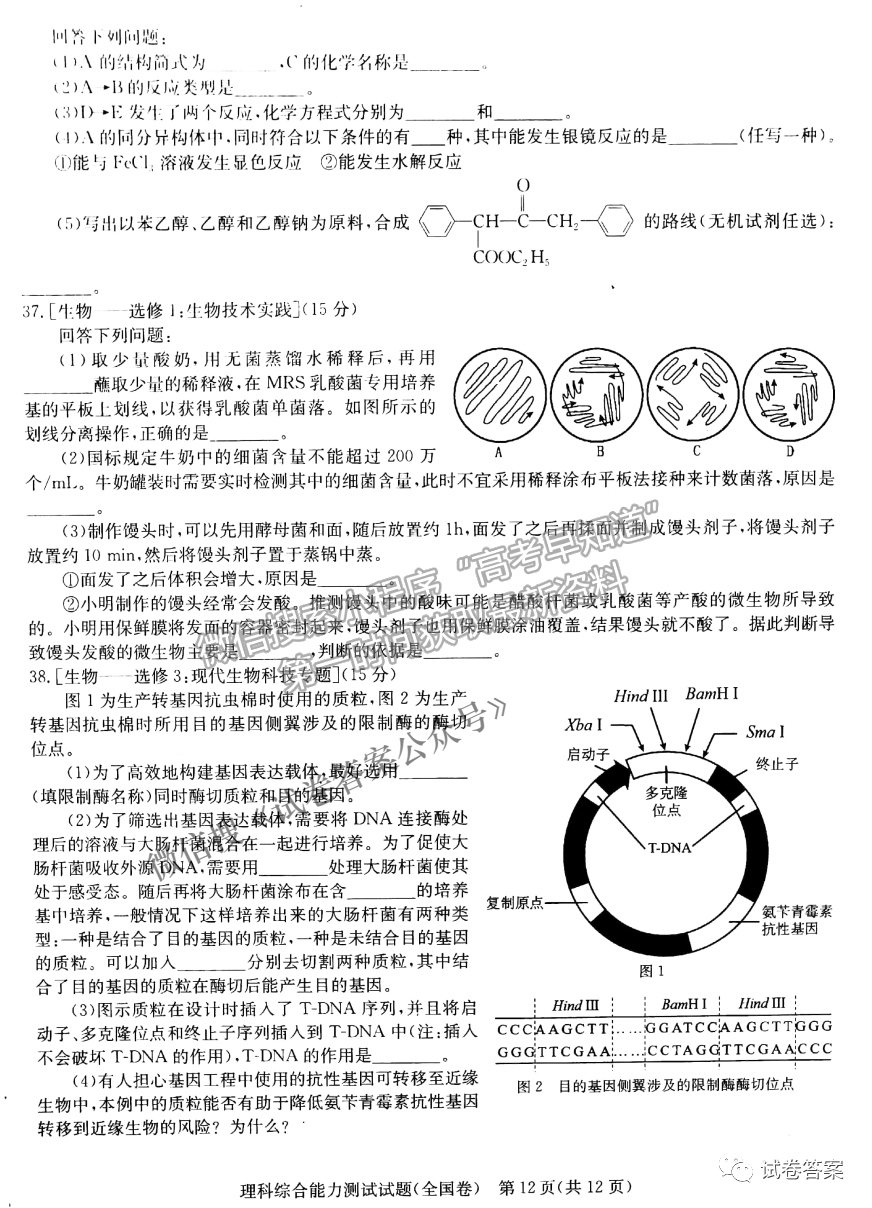 2021華大新高考聯(lián)盟高三預測性考試（全國卷）理綜試題及參考答案