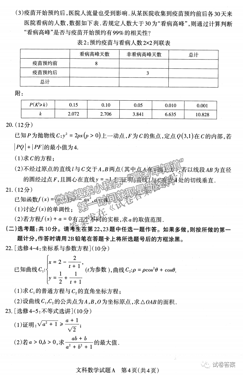 2021年山西二文數(shù)試題及參考答案