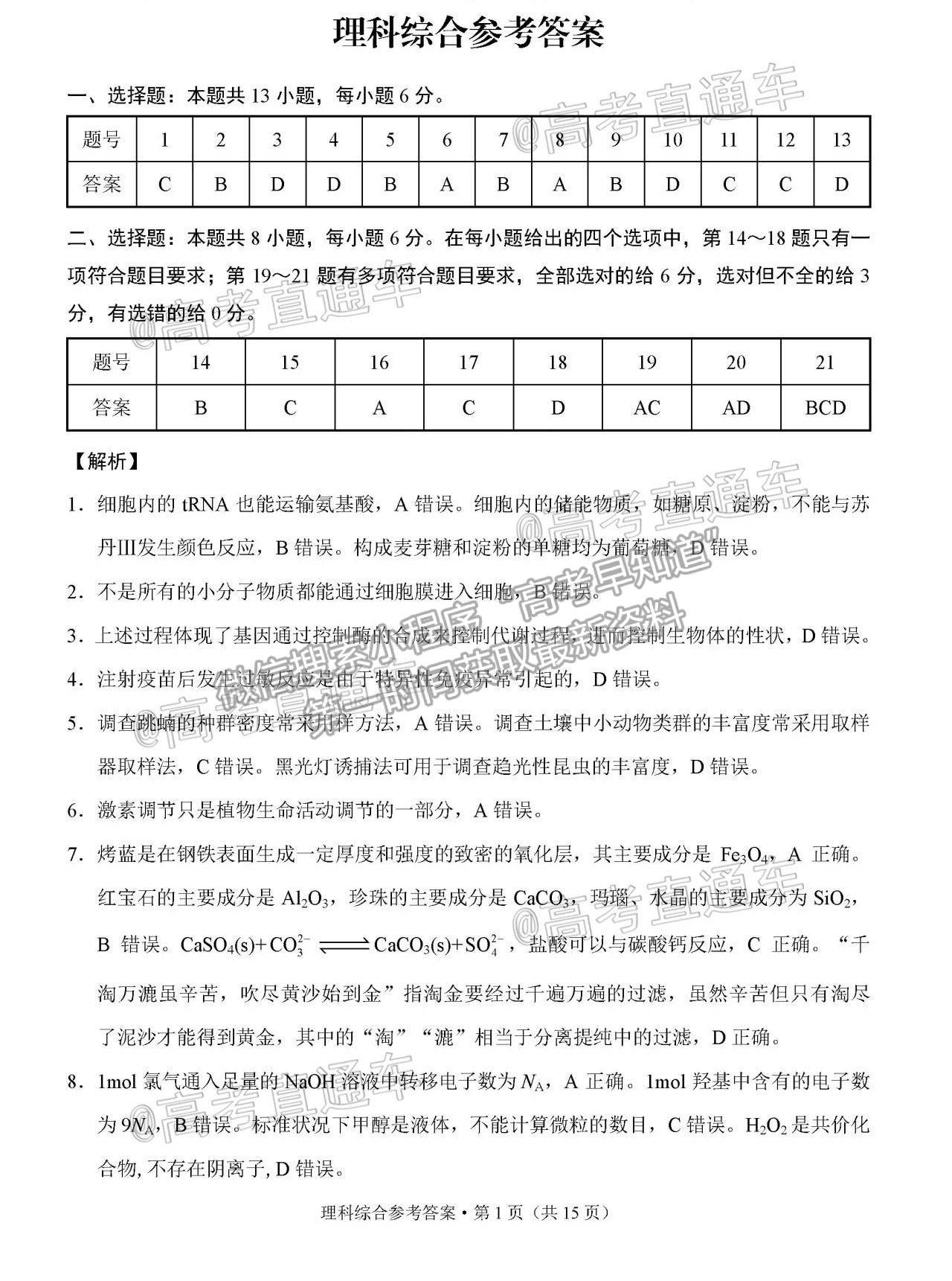 2021貴陽(yáng)一中高考適應(yīng)性月考（七）理綜試題及參考答案