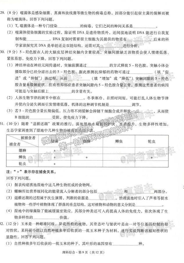 2021昆明一中月考（八）理綜試題及參考答案