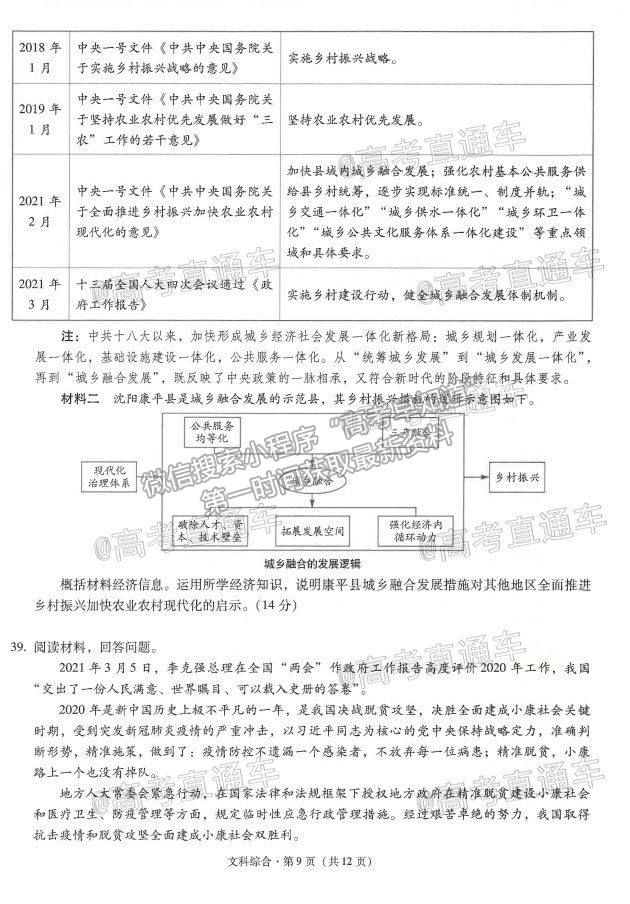 2021昆明一中月考（八）文綜試題及參考答案