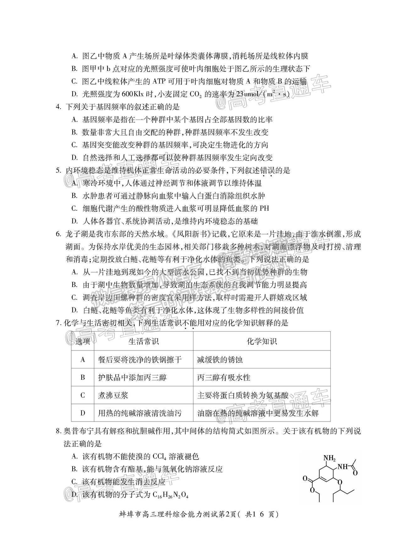 2021蚌埠高三第四次教學質(zhì)量檢查考試（考6科）理綜試題及參考答案