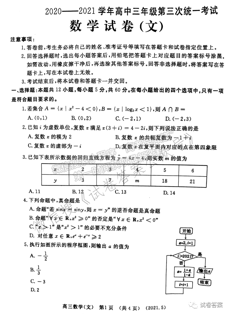 2021洛陽三練 文數試卷及參考答案