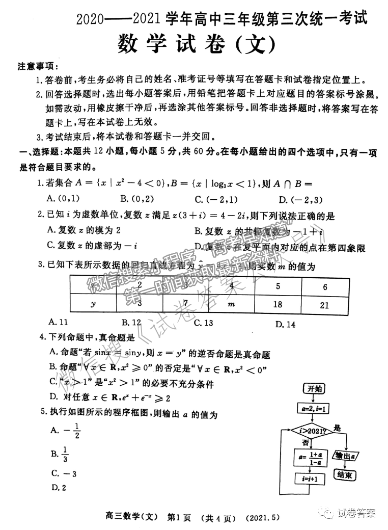 2021洛陽(yáng)三練文數(shù)試題及參考答案