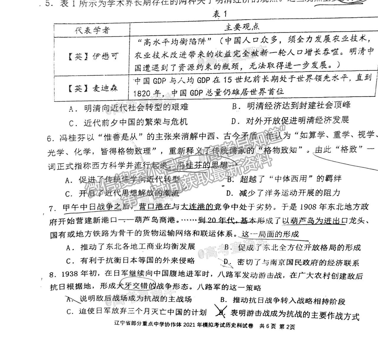 2021遼寧部分重點高中協(xié)作體高三模擬考?xì)v史試題及參考答案