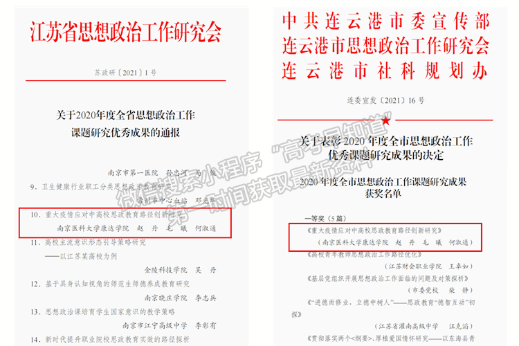 南京醫(yī)科大學康達學院喜獲2020年度省、市思想政治工作課題研究成果獎