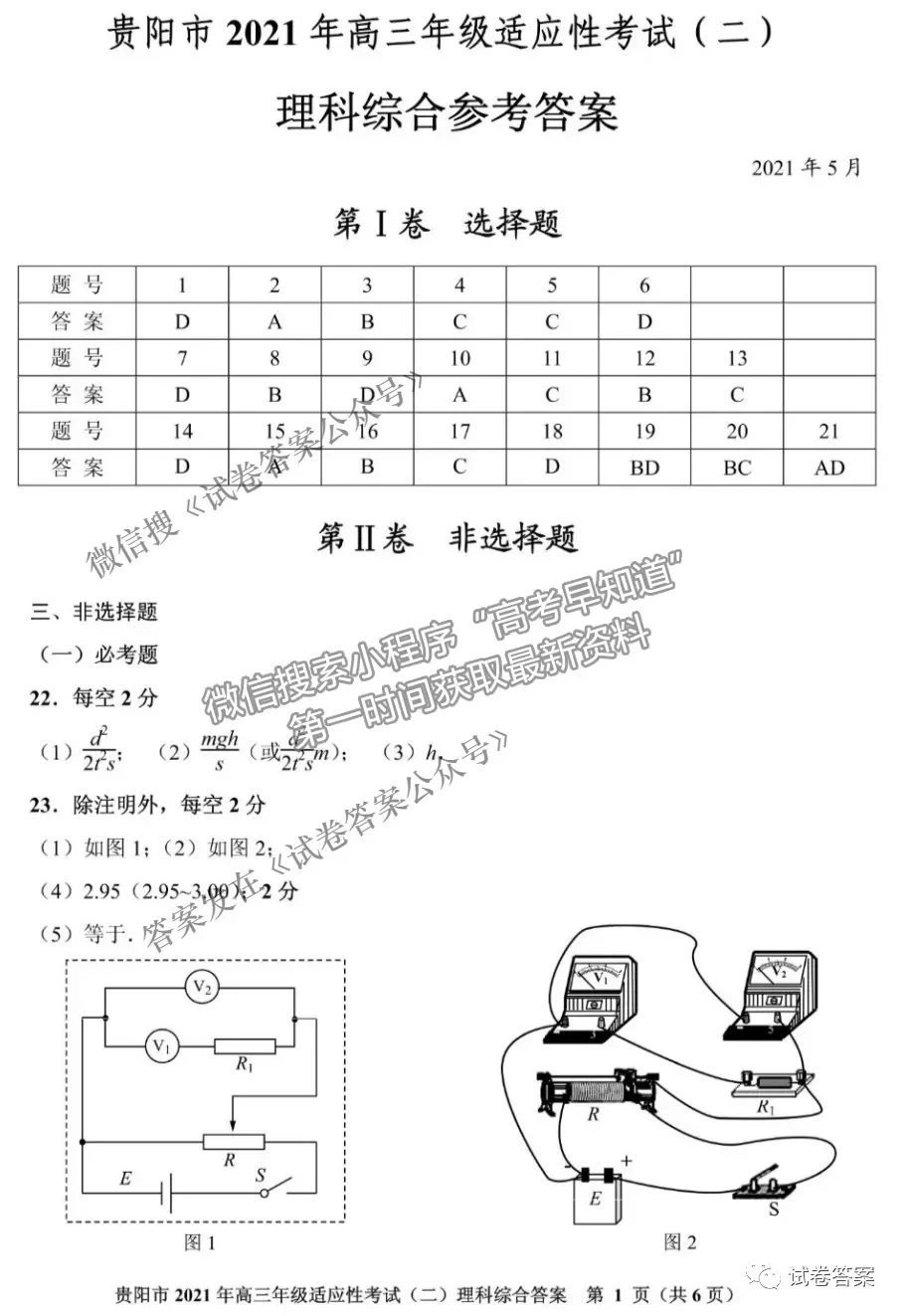 2021貴陽、六盤水、銅仁二模理綜試題及參考答案