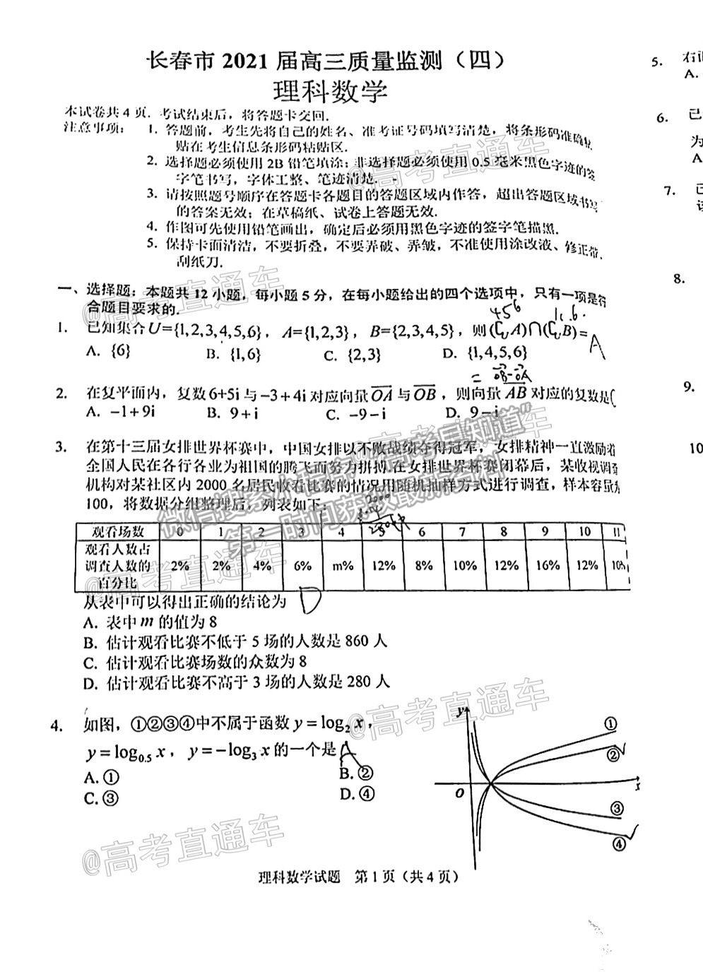 2021長春四模理數(shù)試題及參考答案