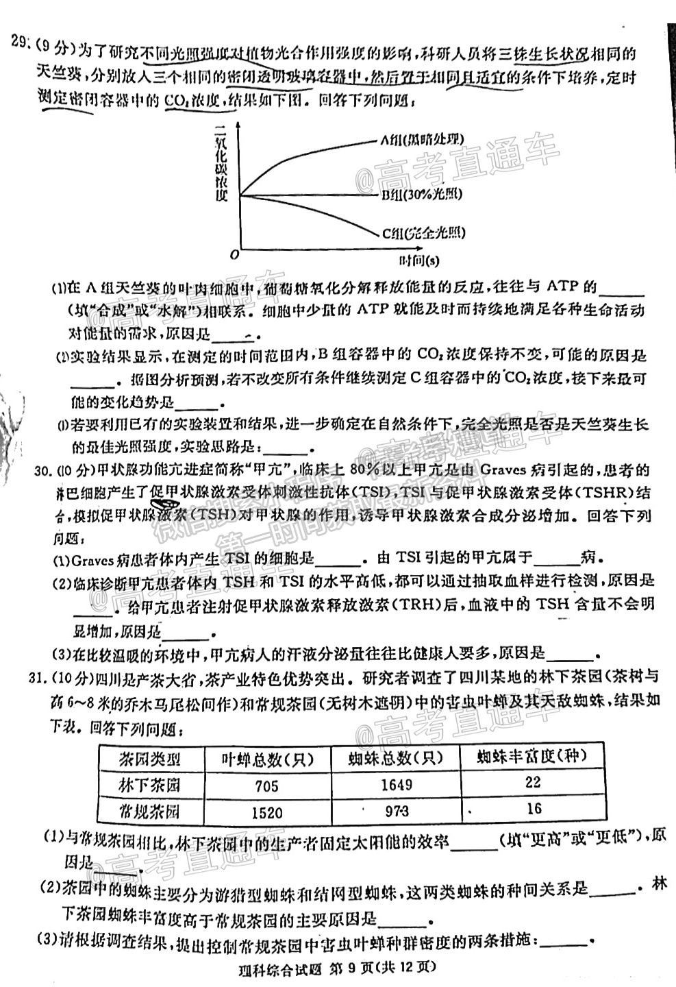 2021眉山三診理綜試題及參考答案