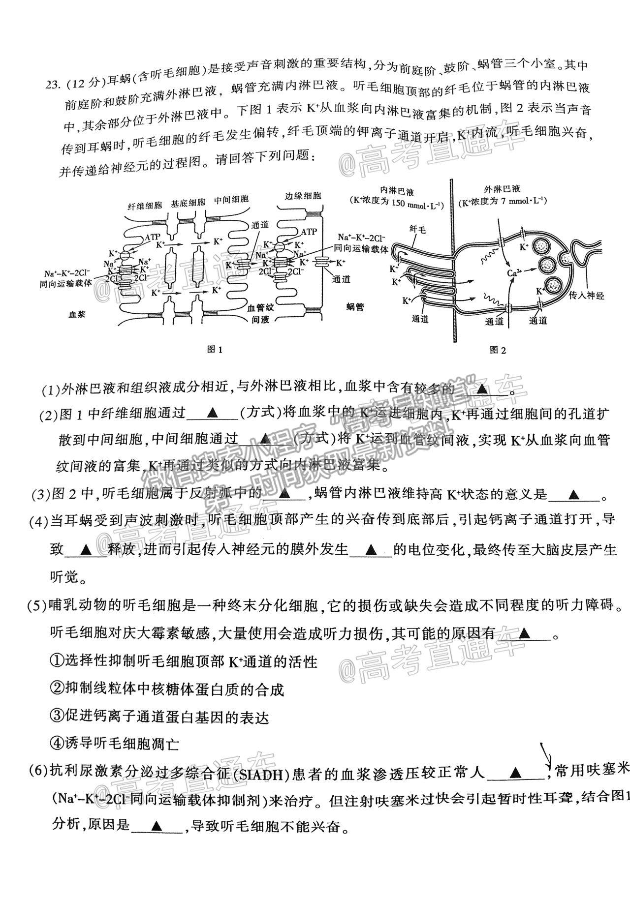 2021南通泰州徐州連云港三模生物試題及參考答案