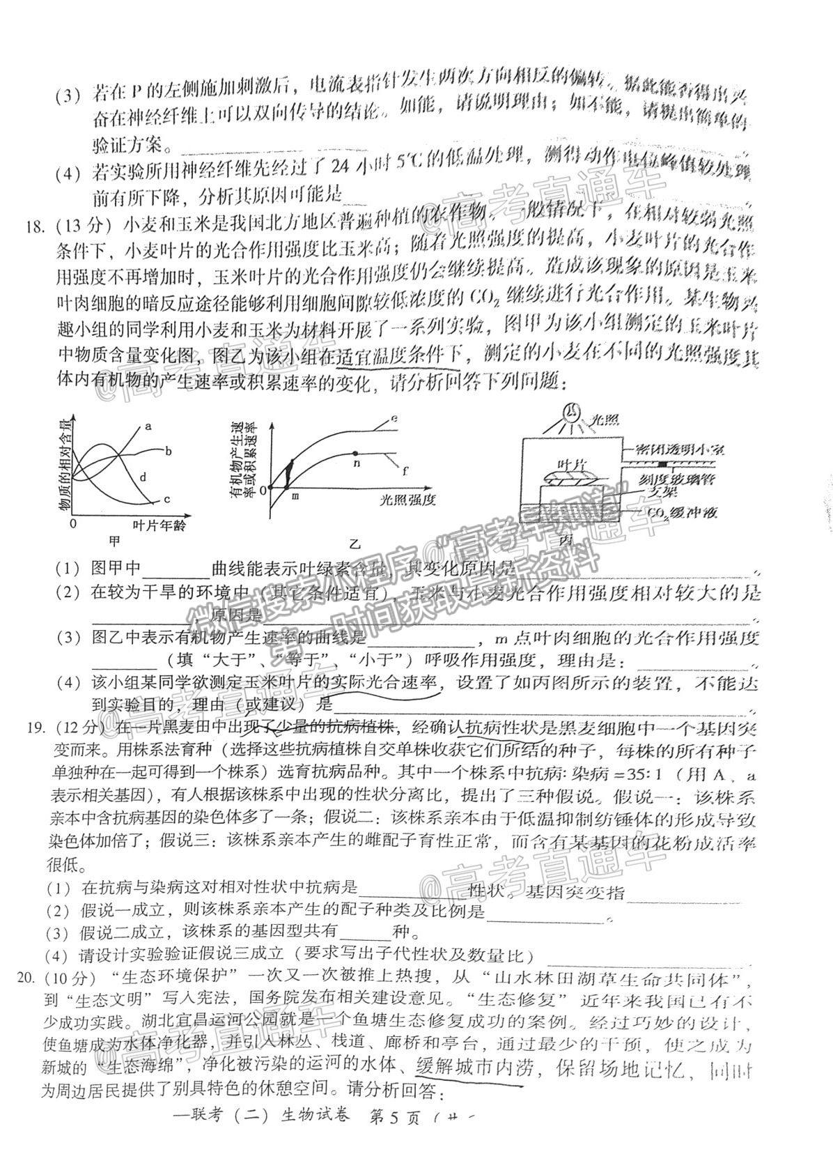 2021衡陽二模生物試題及參考答案