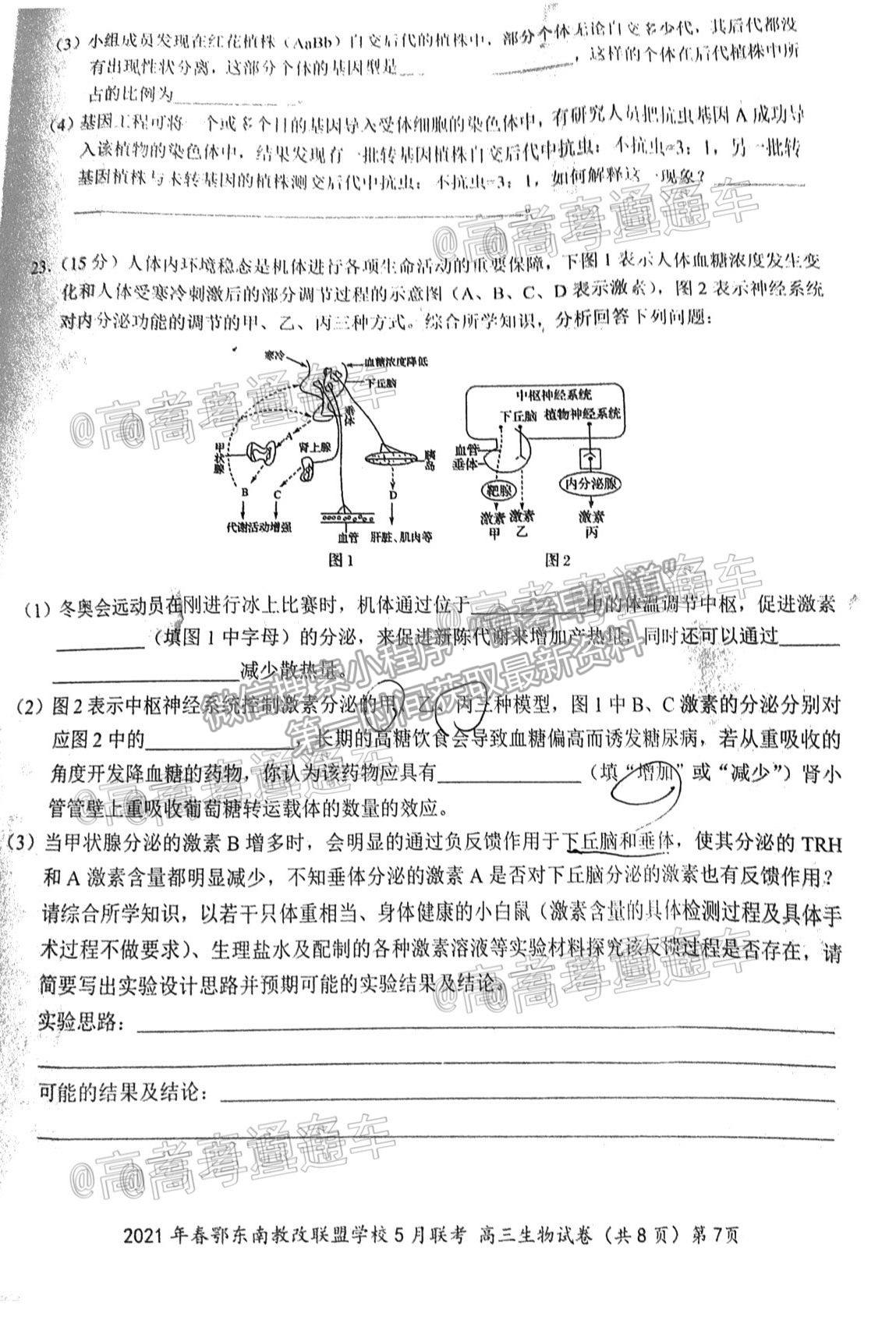 2021鄂東南高三5月聯(lián)考生物試題及參考答案