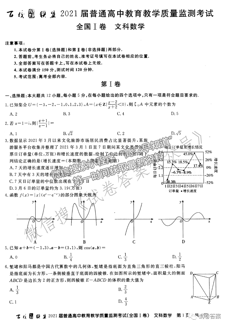 2021百校聯(lián)盟5月聯(lián)考（全國一卷）文數(shù)試題及參考答案