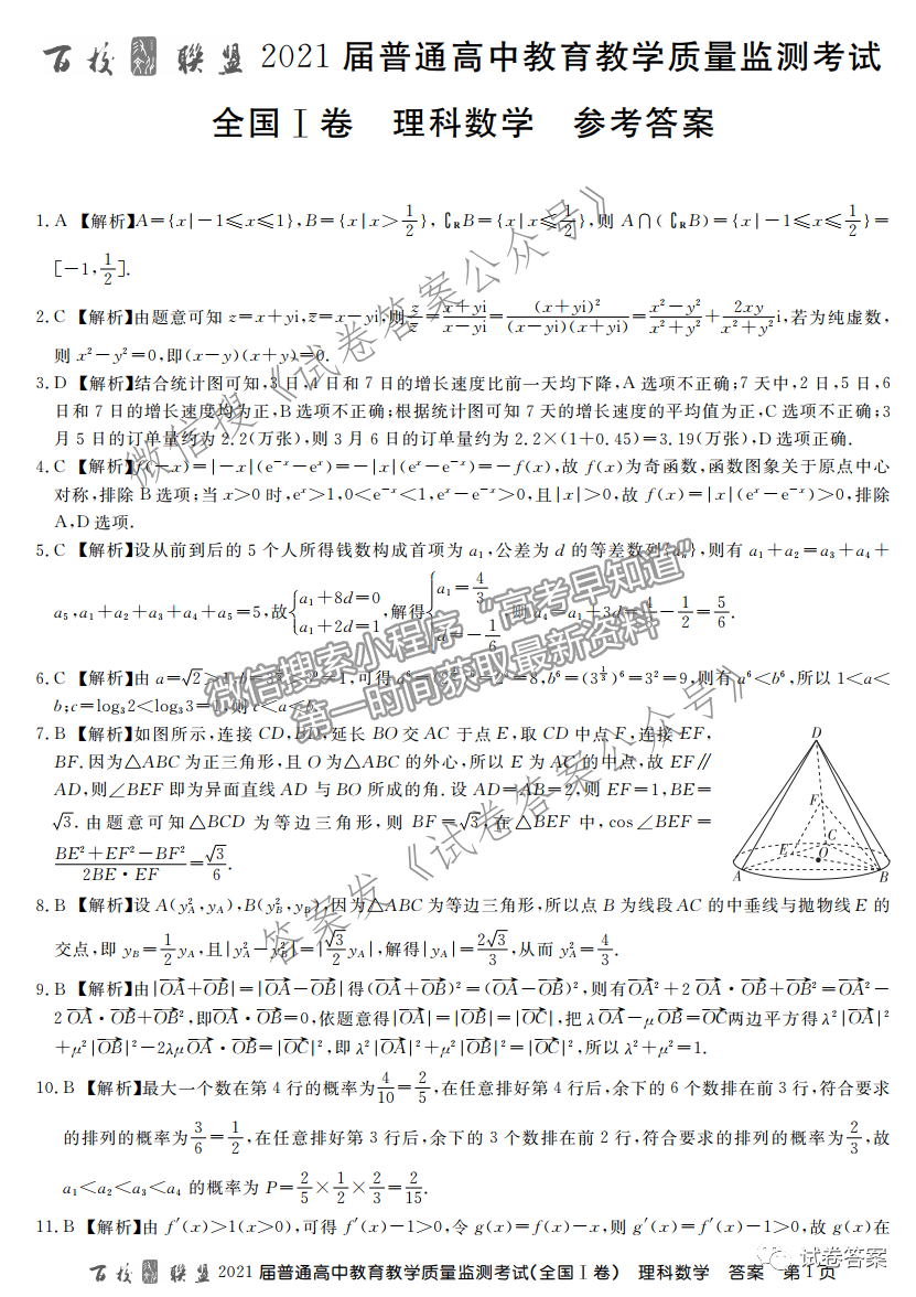 2021百校聯(lián)盟5月聯(lián)考（全國一卷）理數(shù)試題及參考答案