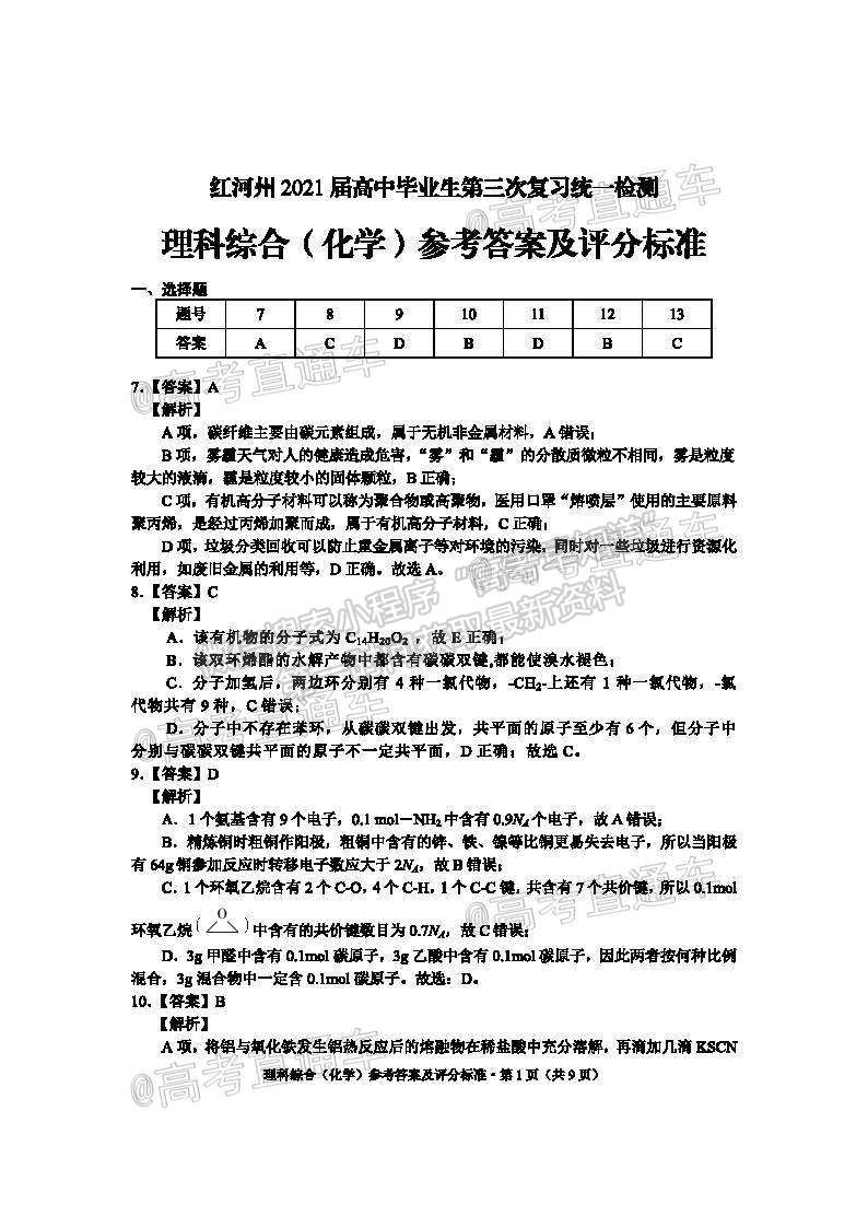 2021紅河州高三5月統(tǒng)測理綜試題及參考答案