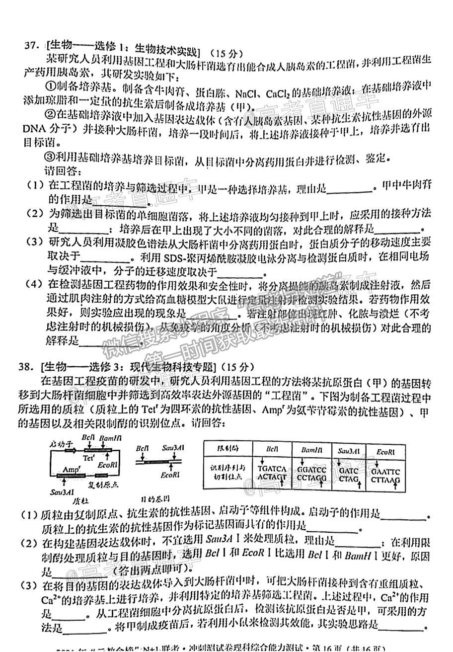 2021普洱市高三統(tǒng)測理綜試題及參考答案