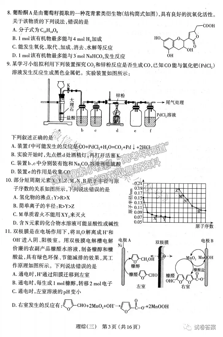 2021太原三模理綜試題及參考答案