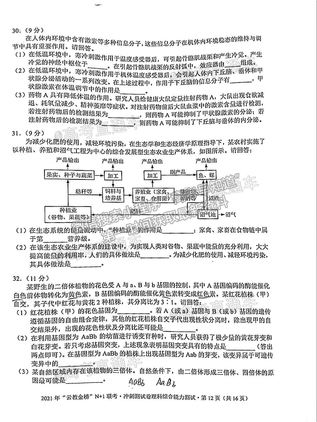 2021普洱市高三統(tǒng)測理綜試題及參考答案