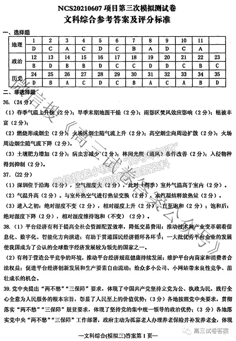 2021南昌三模文綜試題及參考答案