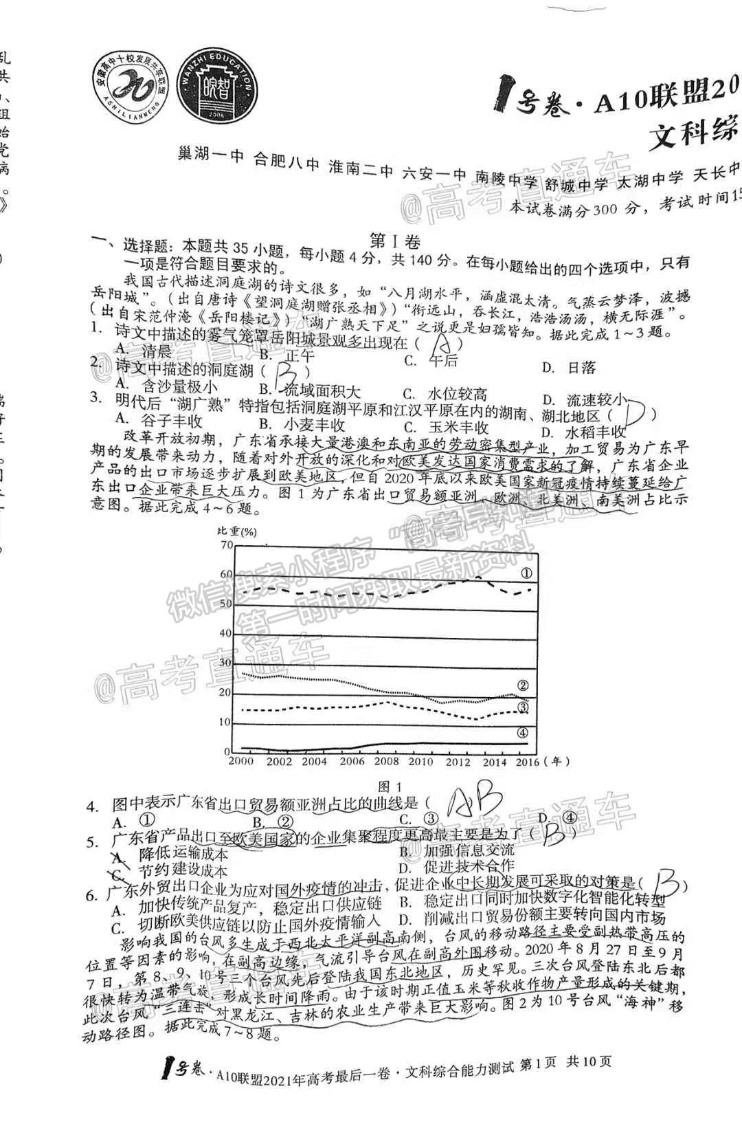 2021安徽A10聯(lián)盟聯(lián)考最后一卷文綜試題及參考答案