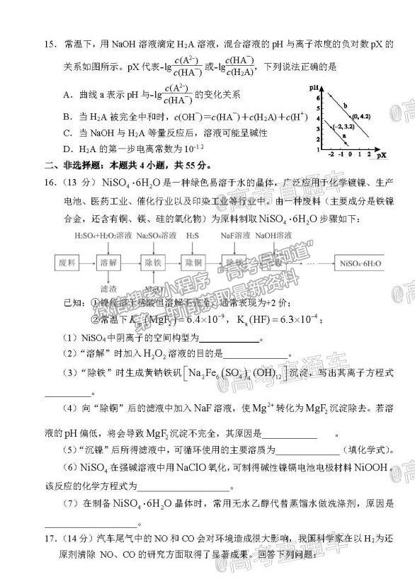 2021葫蘆島二?；瘜W(xué)試題及參考答案