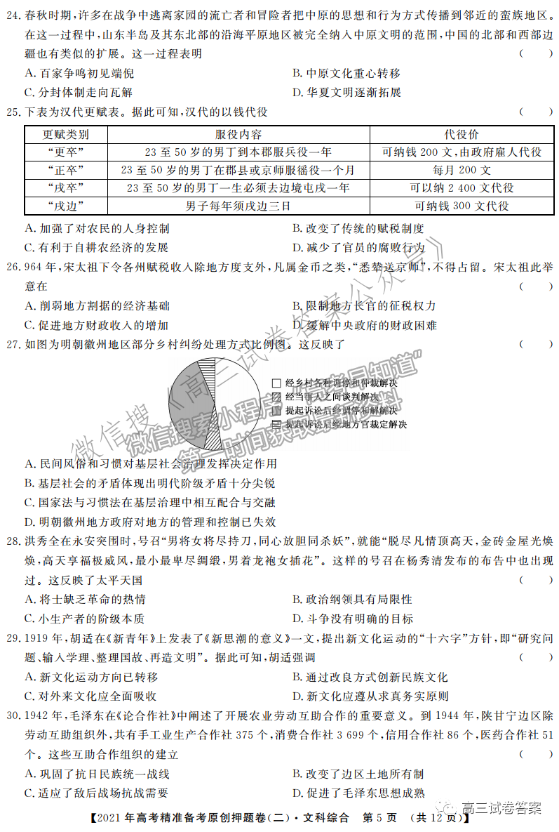 2021年高考精準(zhǔn)備考原創(chuàng)押題二文綜試題及參考答案