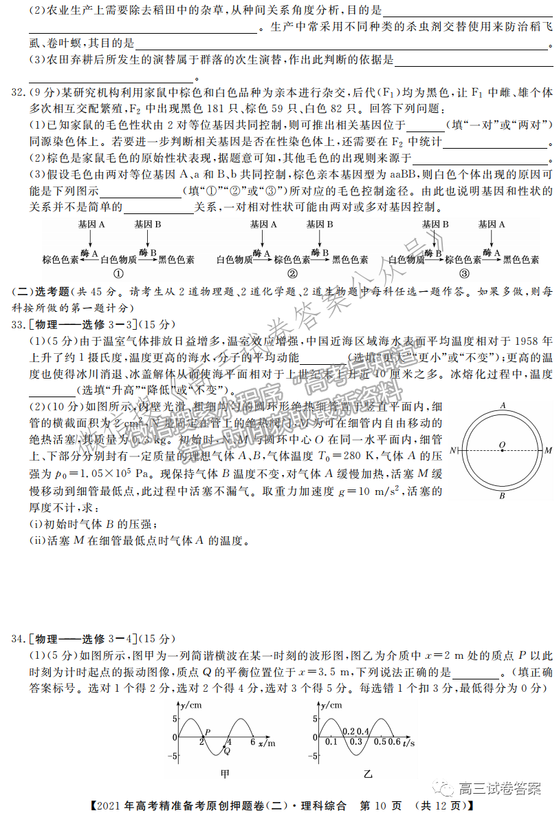 2021年高考精準(zhǔn)備考原創(chuàng)押題二理綜試題及參考答案