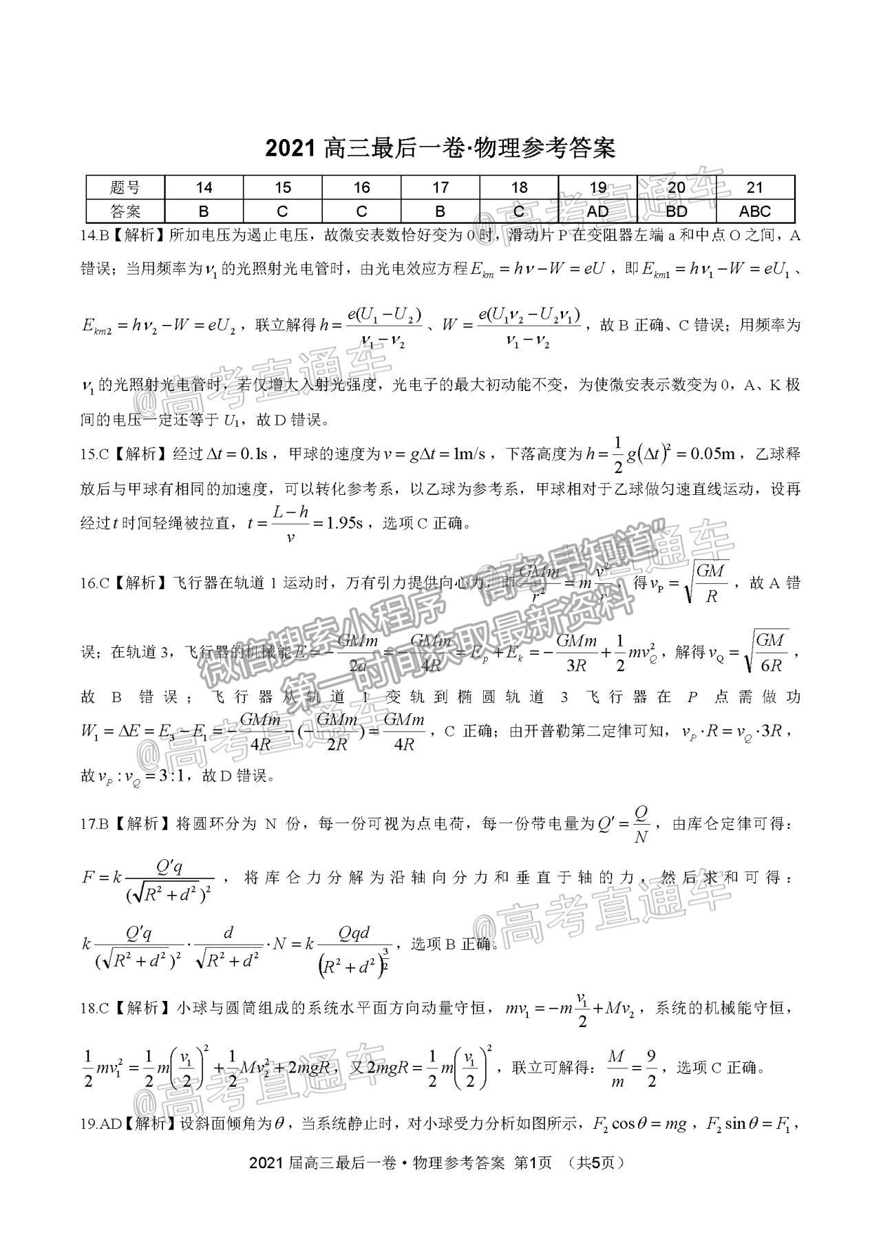 2021皖江名校高三5月聯(lián)考理綜試題及參考答案