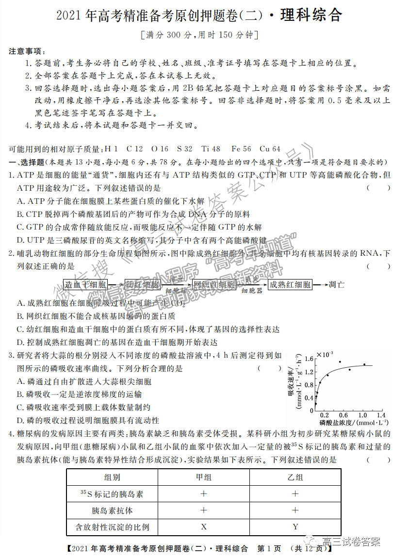 2021年高考精準(zhǔn)備考原創(chuàng)押題二理綜試題及參考答案