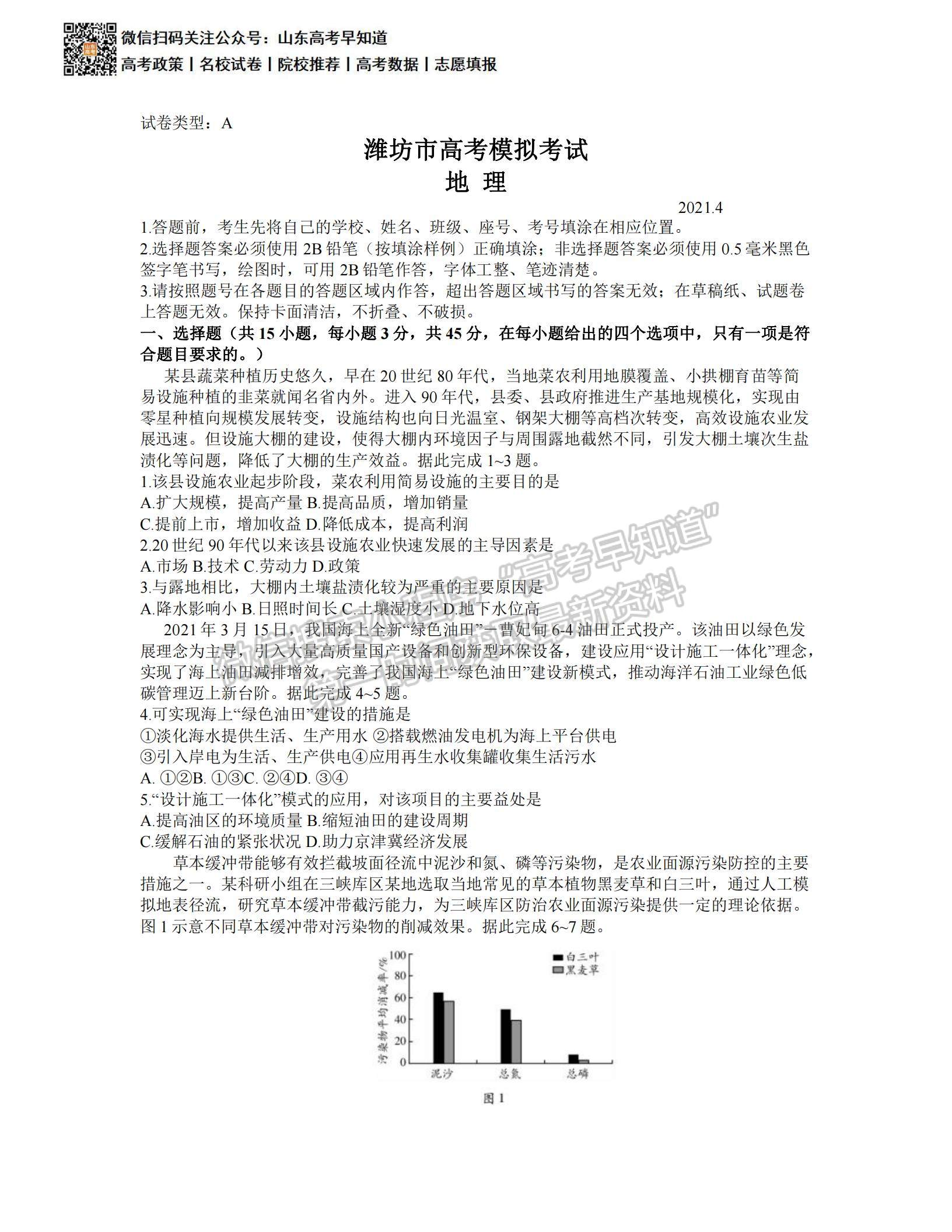 2021濰坊二模試題及參考答案   地理