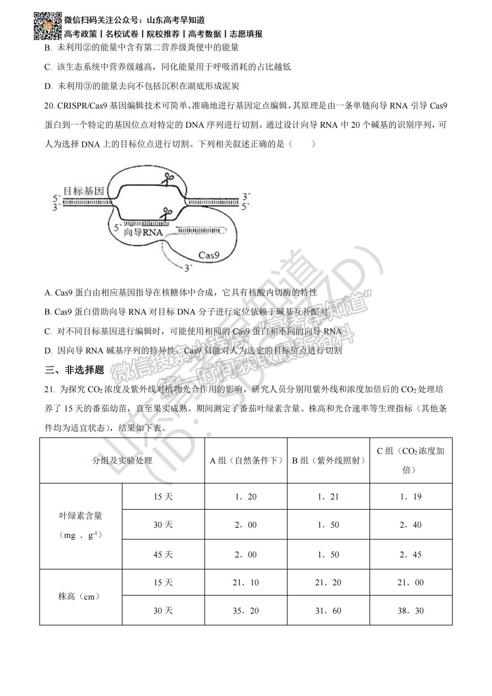 2021濰坊二模試題及參考答案   生物