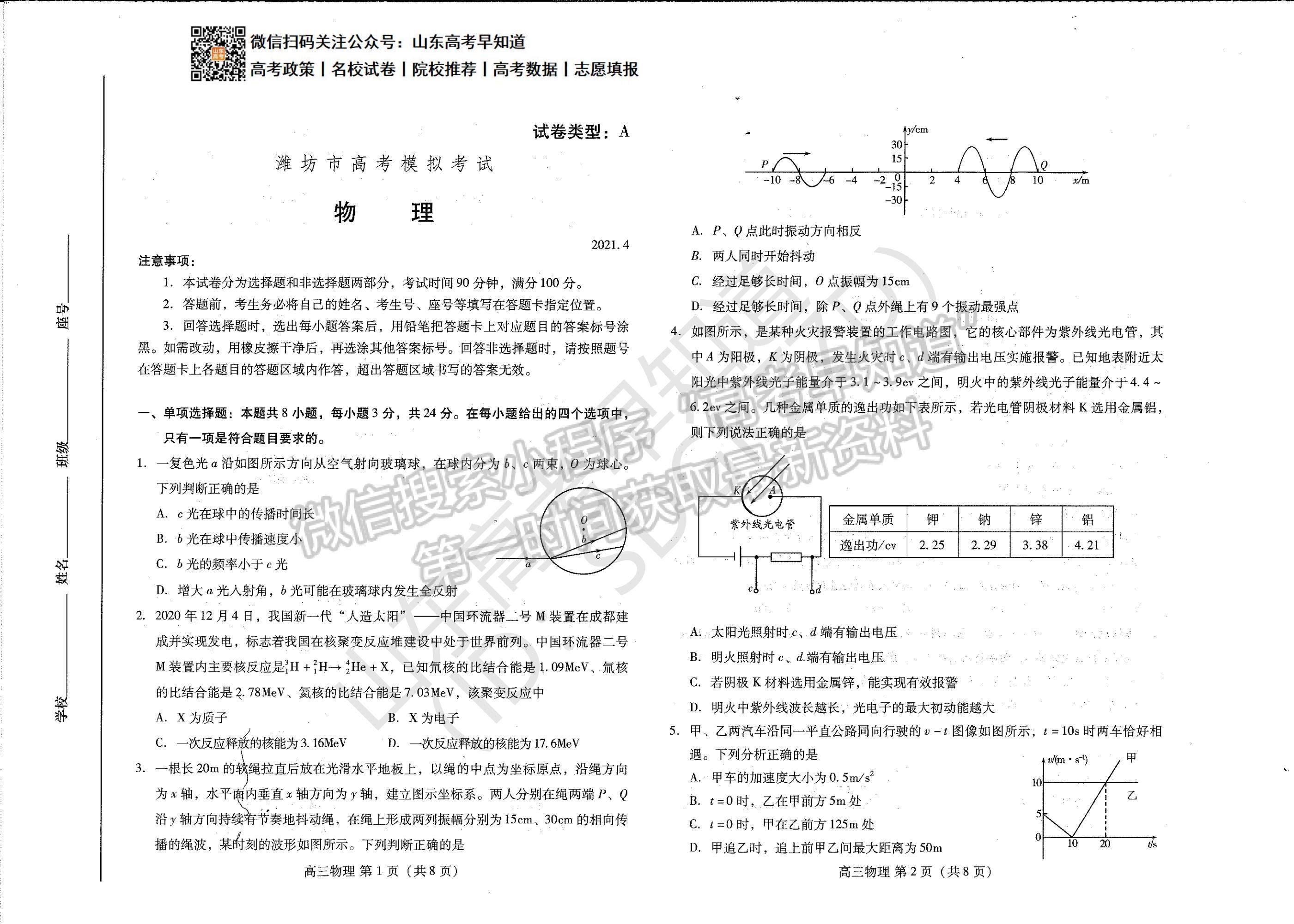 2021濰坊二模物理試題及參考答案