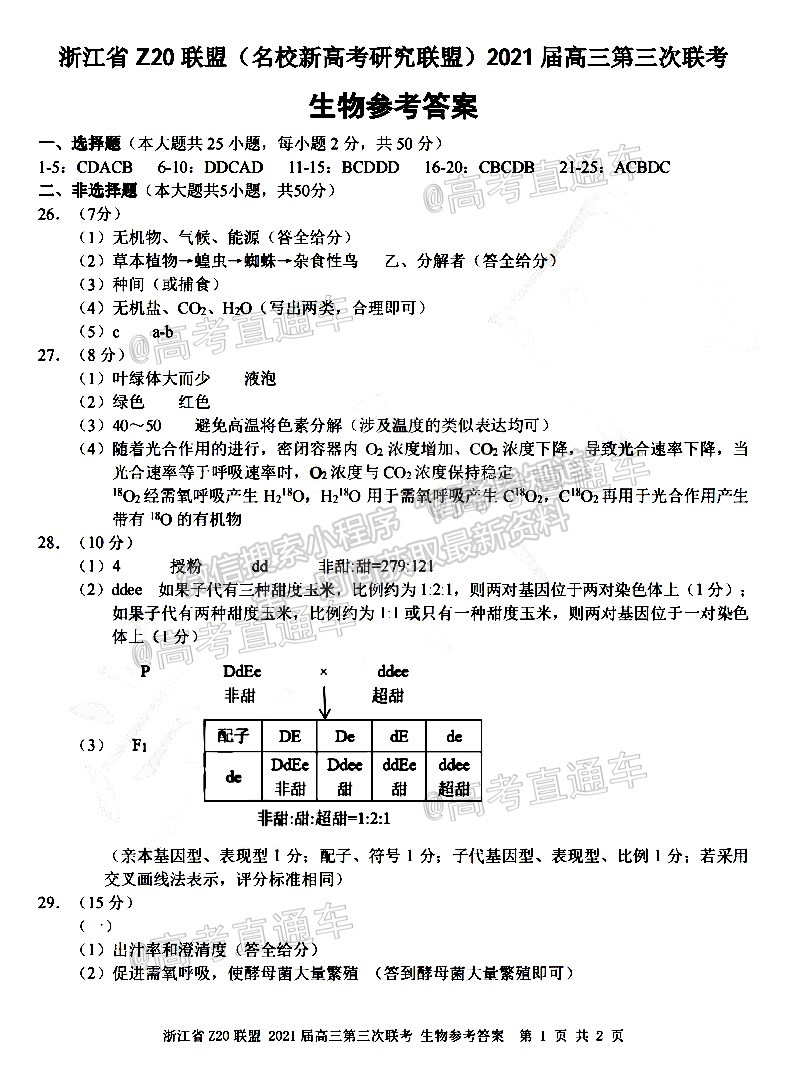 2021浙江Z20聯(lián)盟（名校新高考研究聯(lián)盟）高三第三次聯(lián)考生物試題及參考答案